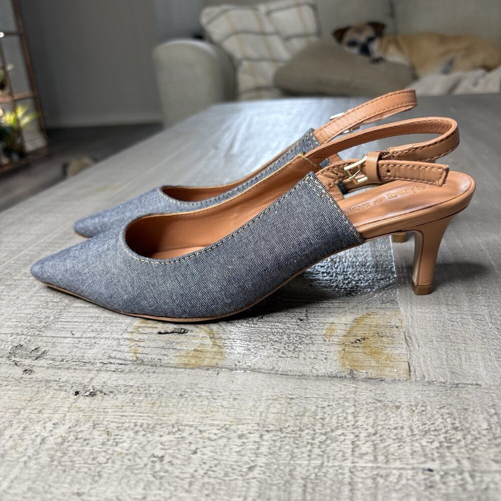 Cinq A Sept Sylvie Pointed Toe Slingback Kitten Heels Blue Size US 7